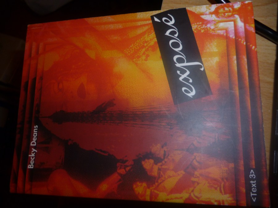 Becky's novella, written as part of her dissertation, expose - a small red book on its side with pictures of Paris and dancing girls on it.